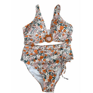 NWT BMJL Cream Floral Bikini Set - Ruched Triangle Top & High Cut Bottoms- LARGE